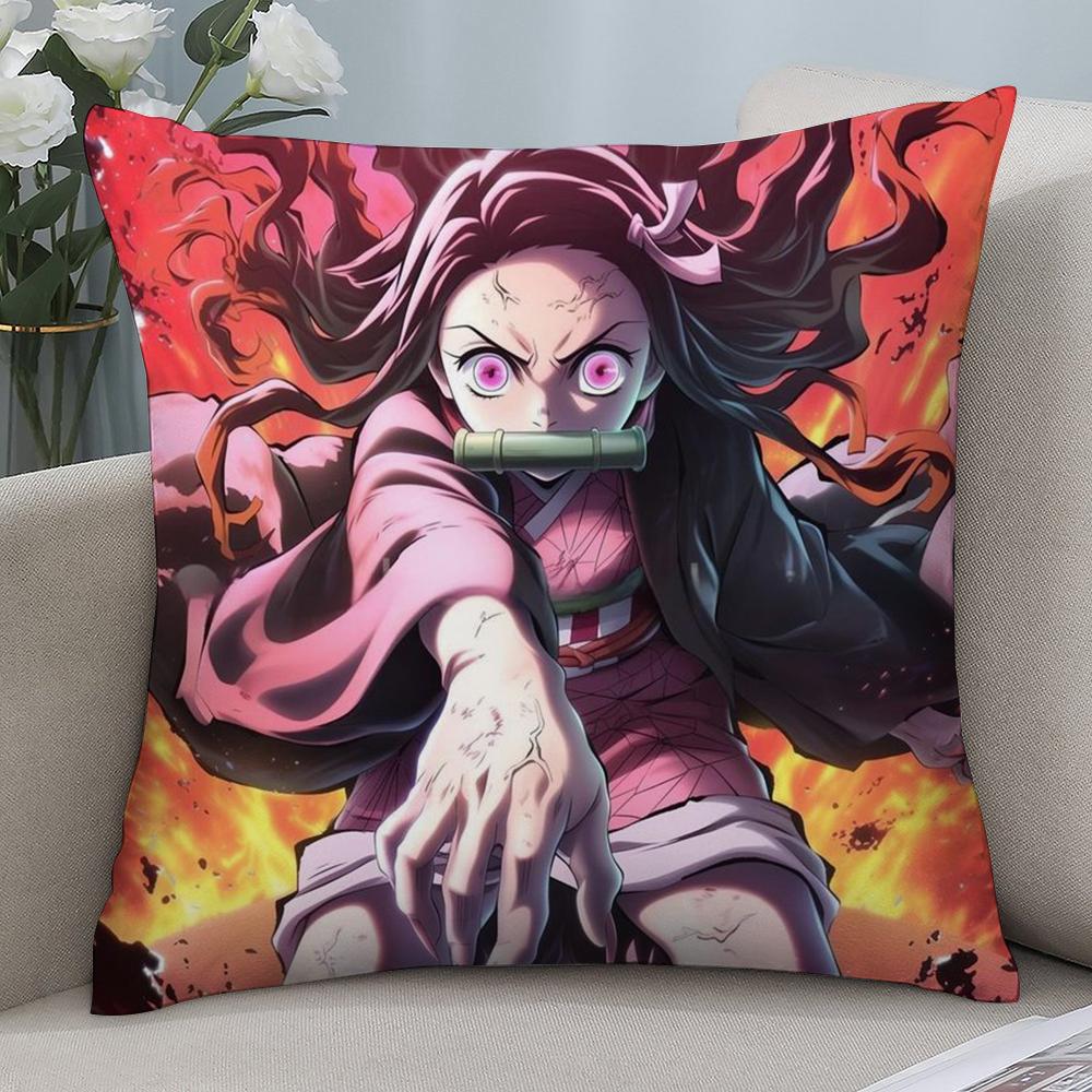 Anime Demon Slayer Kamado Tanjirou Kamado Nezuko Pillow Case Short Plush Sofa Decorative Gift Home Double-sided Printing Cushion