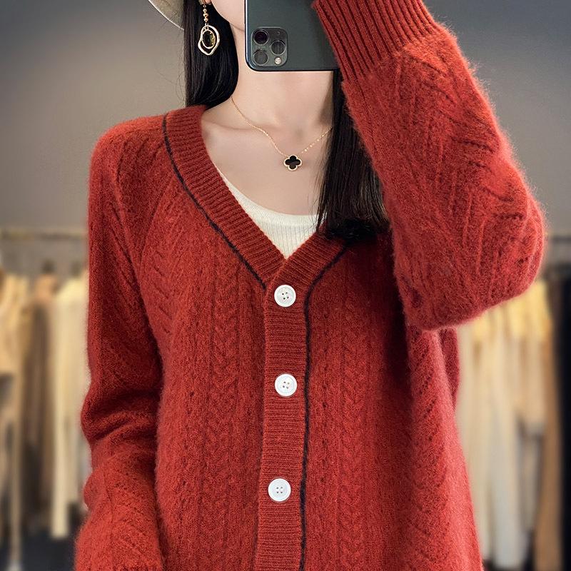 Damen Strickjacke aus Wolle mit hohlem V-Ausschnitt - Herbst/Winter Langarm Kaschmirpullover