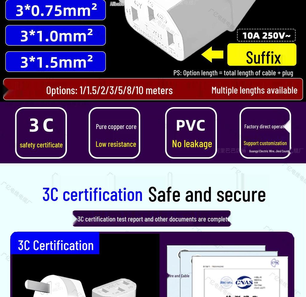High-Power 3-Core Three-Pin Plug Power Cord, White Copper, Available In 0.75/1/1.5 Sq. Sizes