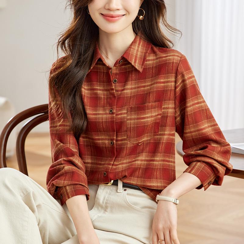 Retro Versatile Matte Plaid Shirt for Women In Spring New High-end Niche Casual Top