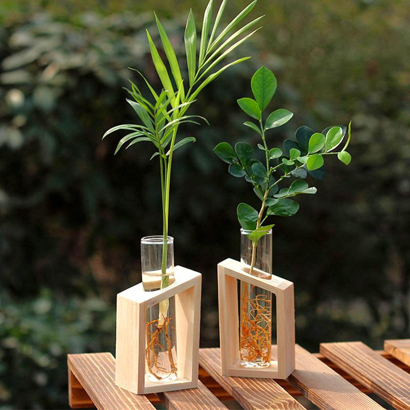Hydroponic Plants Container with Wood Frame Transparent Glass Test Tube Vase Flower Pot Home Tabletop Bonsai Decorations Crafts