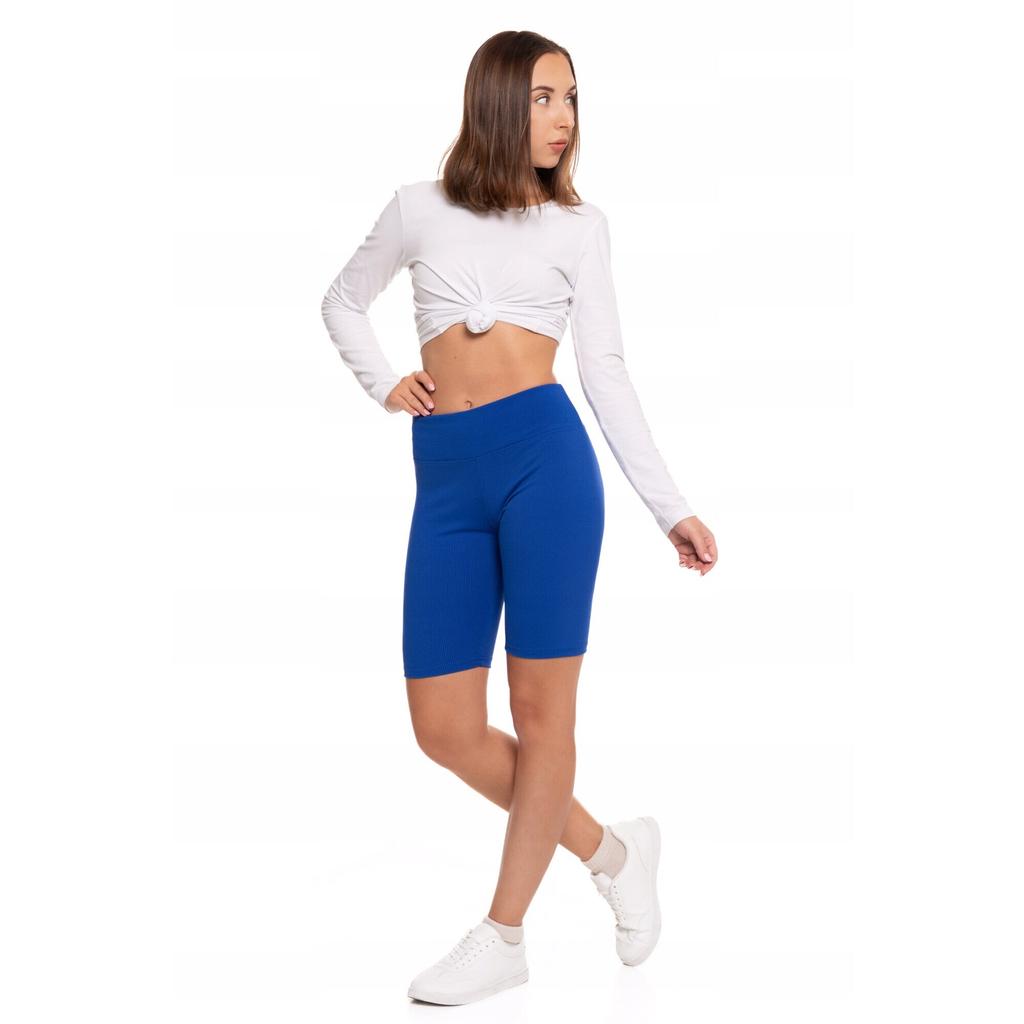 Moraj Damen Sport-Leggings Hoher Bund Kurz Gerippt Fitnessstudio-Hose Polyester Elasthan Blau L-XL