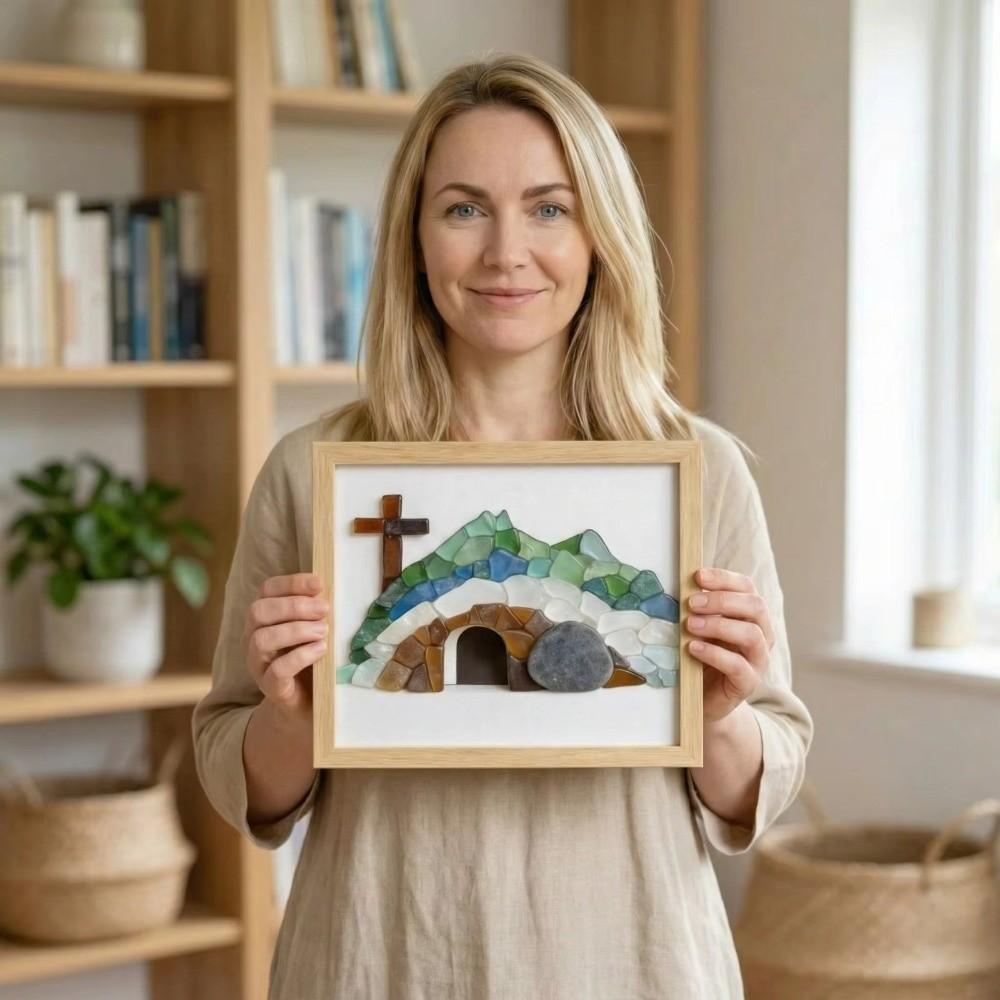 Handmade Risen Empty Tomb Frame Funny Cute Simulation Sea Glass Cross Creative 20cm Resin Cave Crystal Crucifix Festival Gifts