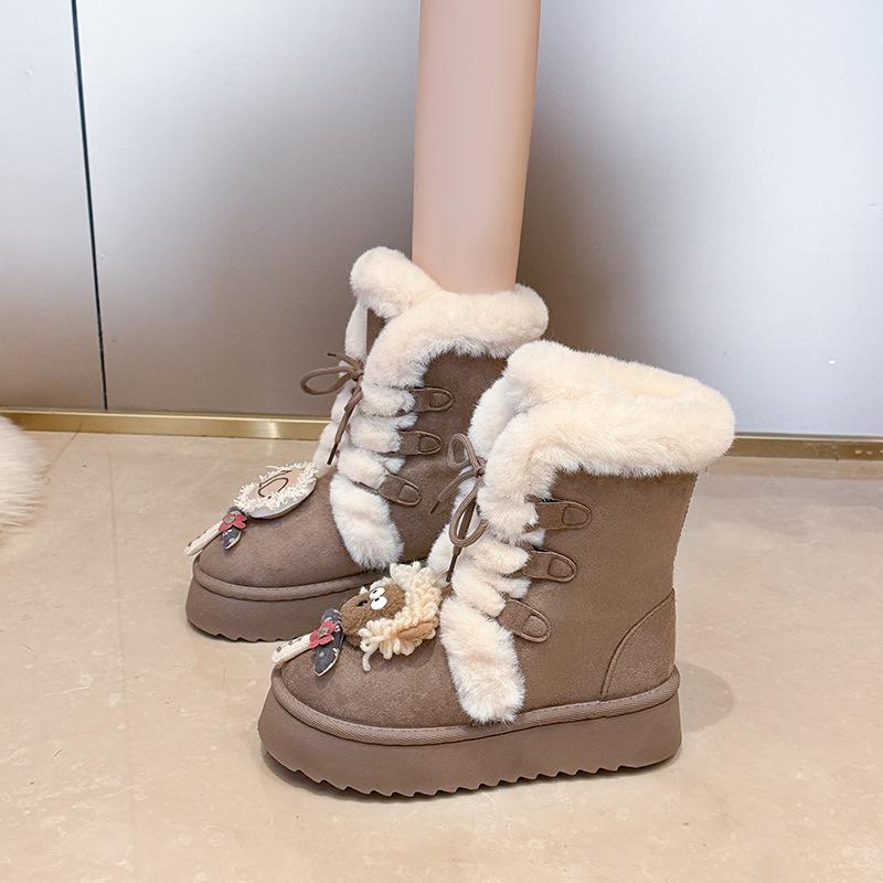 

2025 autumn and winter snow boots women s fleece thickened thick sole to increase the height of the fur integrated Northeast cotton shoes fluffy war 36 хаки