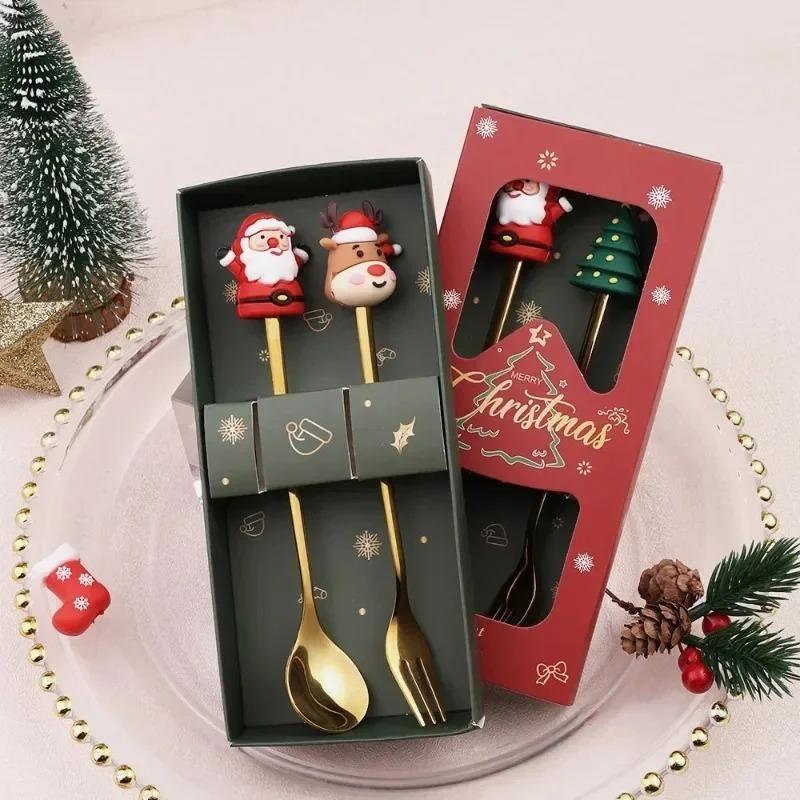 Christmas Spoon SetCute Father Christmas Doll Dessert Cutlery Two Sets for HolidayParty Home Kitchen Children Gift Cutlery Decor