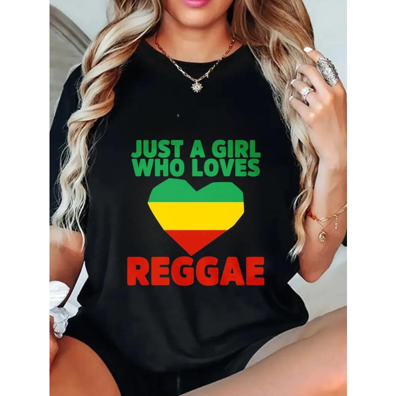 Oversized T Shirt Black Just A Girl Who Loves Reggae With Rasta Heart Print Casual Streetwear For Women Music Festival Party Wear