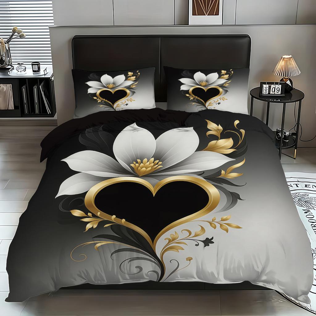 3pcs  Abstract Love Floral Design Print Pattern Bedding Set 1 Quilt Cover + 2 Pillowcases, No Core Retro Simple,