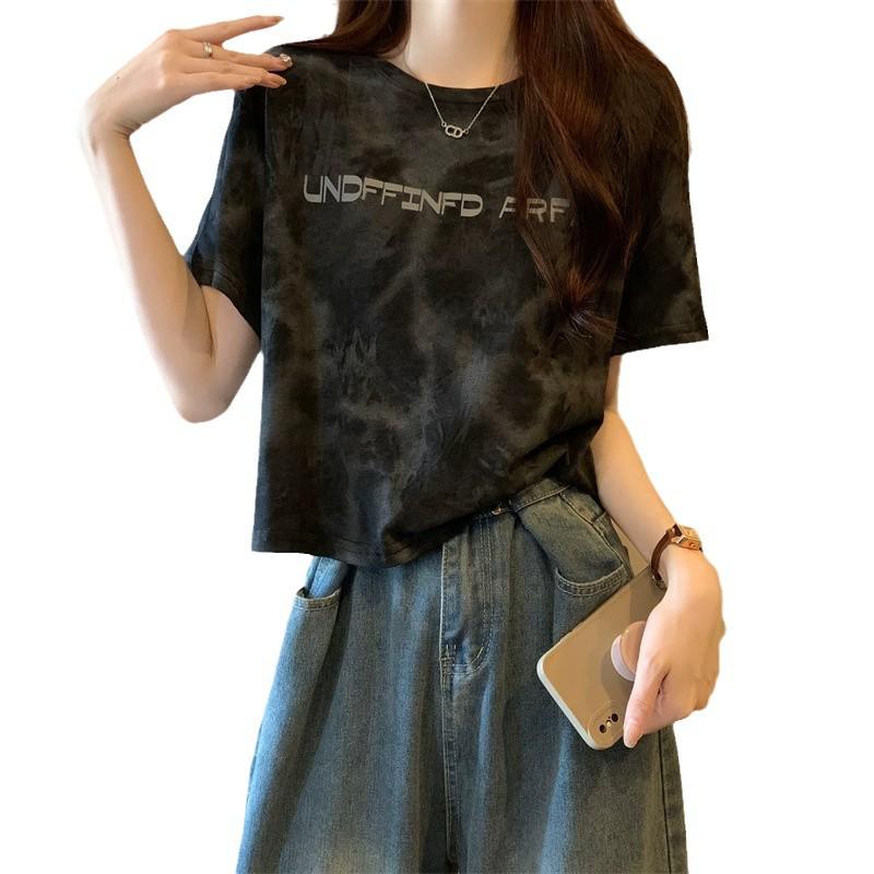 Women's 2025 Summer Retro Tie-Dye Loose Fit Letter Print Tee