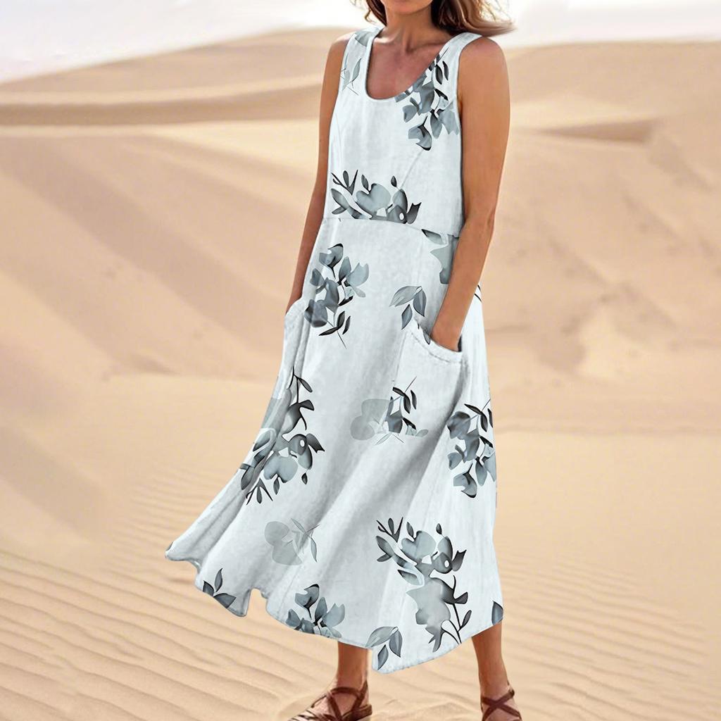Women's Summer Casual Fashion Flower Printed Sleeveless  Pocket Dress