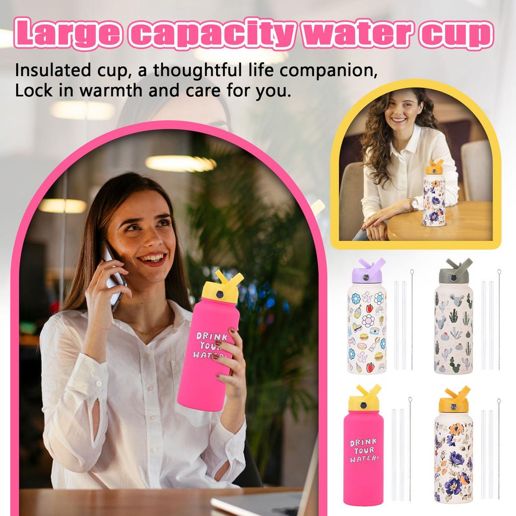Sports Kettle Stainless Steel 1L Large Capacity Printed Large Mouth Insulated Cup Portable Handle Straw Water Cup