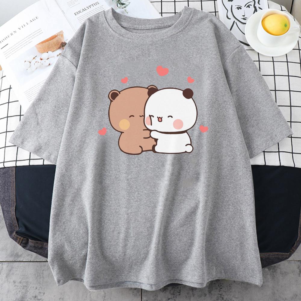 Panda Bear Bubu and Dudu Cute T Shirt Oversized EU Size 100 Cotton Women Tops Cartoon Print Pink Tees ONeck Anime Korean Style