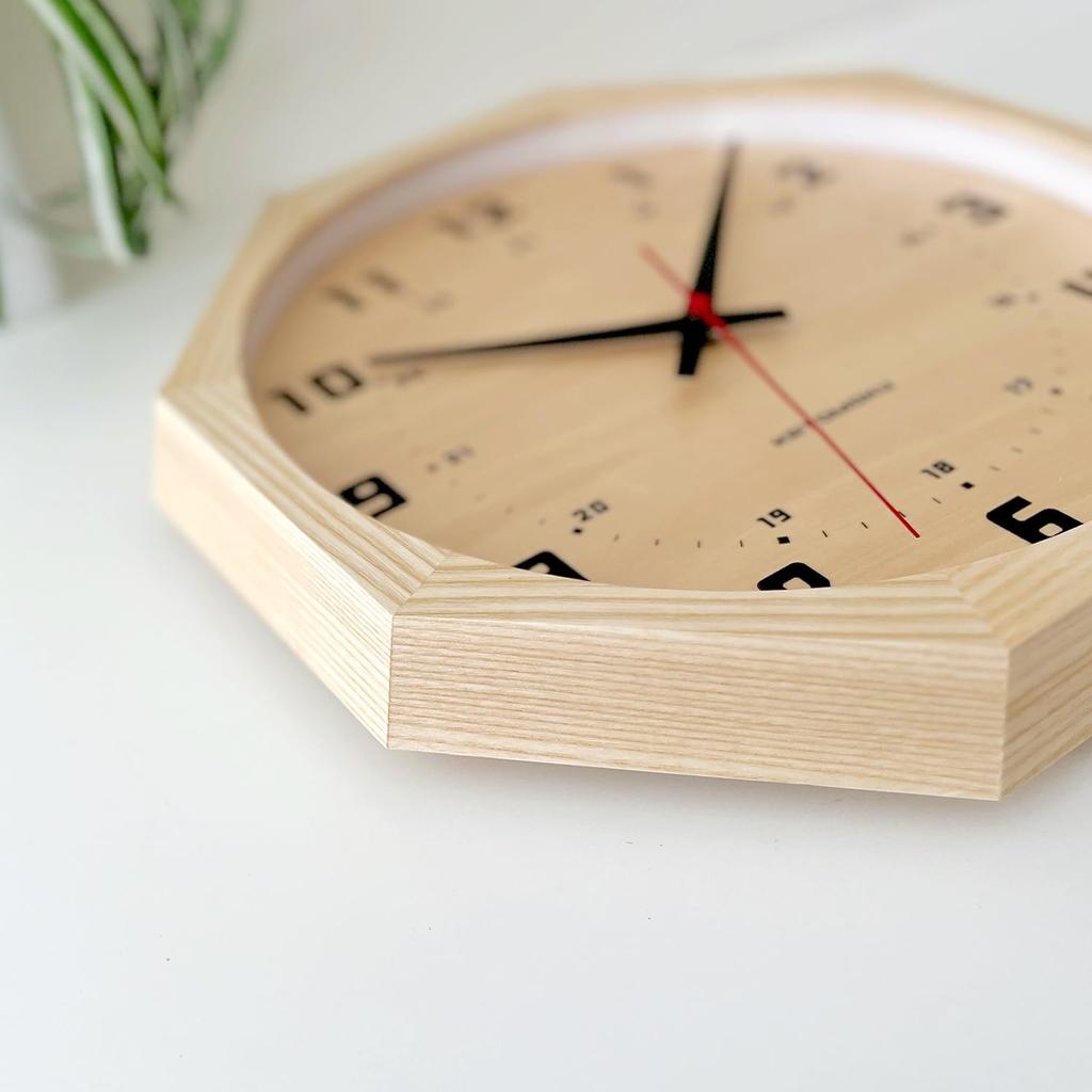 KATOMOKU Muku Clock 8 Octagonal Natural km-81NARCS8 Wall Clock with Continuous Second Hand, 30.0cm Diameter (SKP Radio-Controlled Clock)