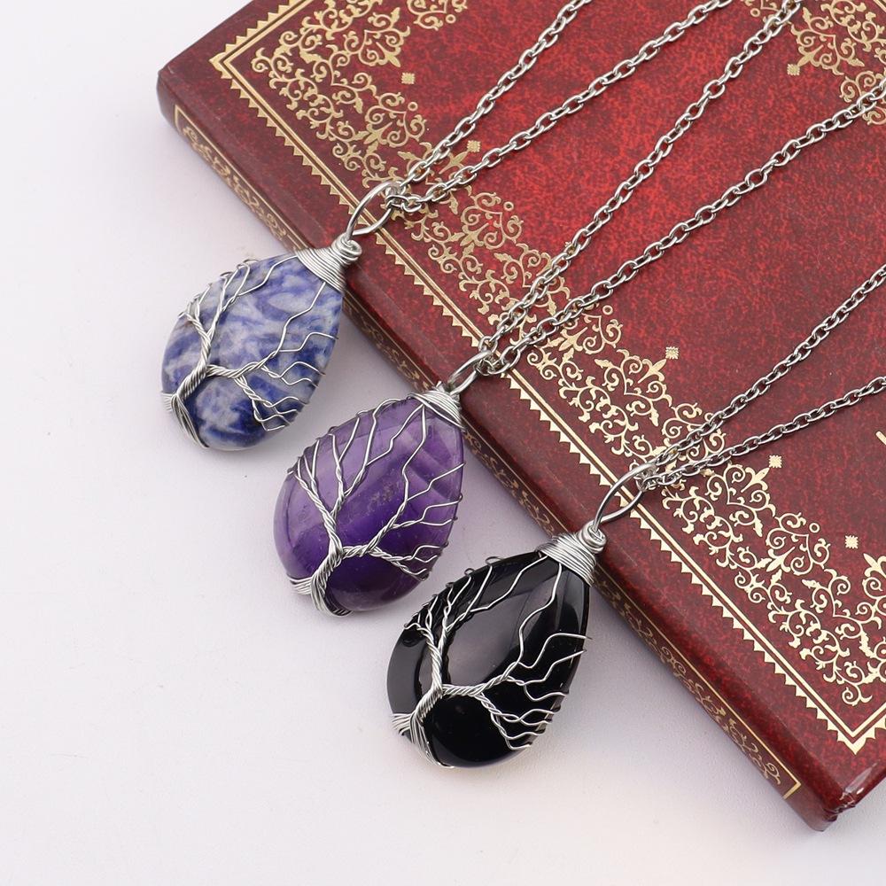 Natural Stone Crystal Agate Water Drop Winding Silk Tree Of Life Pendant Necklace Sweater Chain Water Drop Rough Stone N779