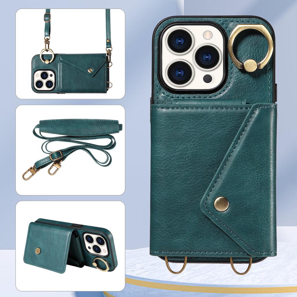 For iPhone 15 Series.for iPhone 15,15 Plus,15 Pro,15 Pro Max Shoulder Strap Rope Ring Bracket Design Card Holder Slots Lichee Pattern Cover Phone Case