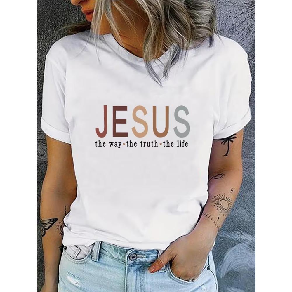 

Women S Casual T-Shirt Colorful Letter Print - Jesus The Way The Truth The Life Design, All-Season Comfort, Ladies T-Shirts M