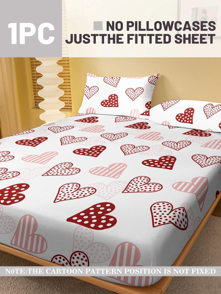 1 Simple Modern Heart-Shaped Geometry Printed Matte Fitted Sheet, Bedroom Printed Bed Cover, Bedding (Excluding Pillowcases)