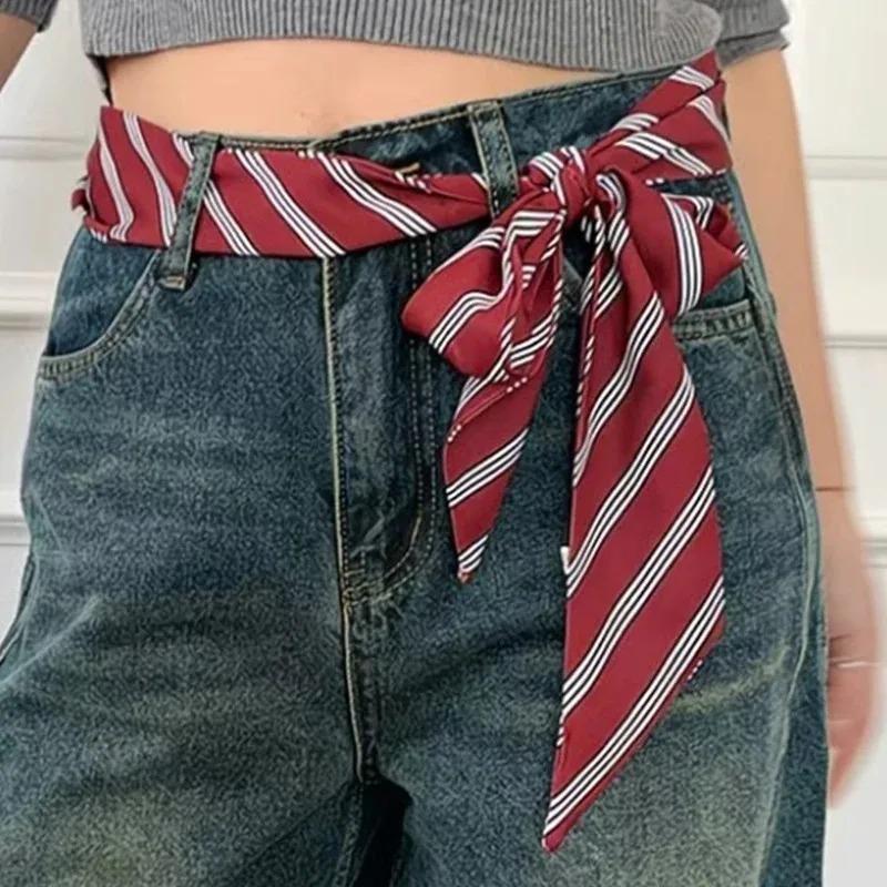 Adjustable Red Stripe Design Tie Belt Unisex Waist Accessory Necktie Style Belt Fashion Accessory
