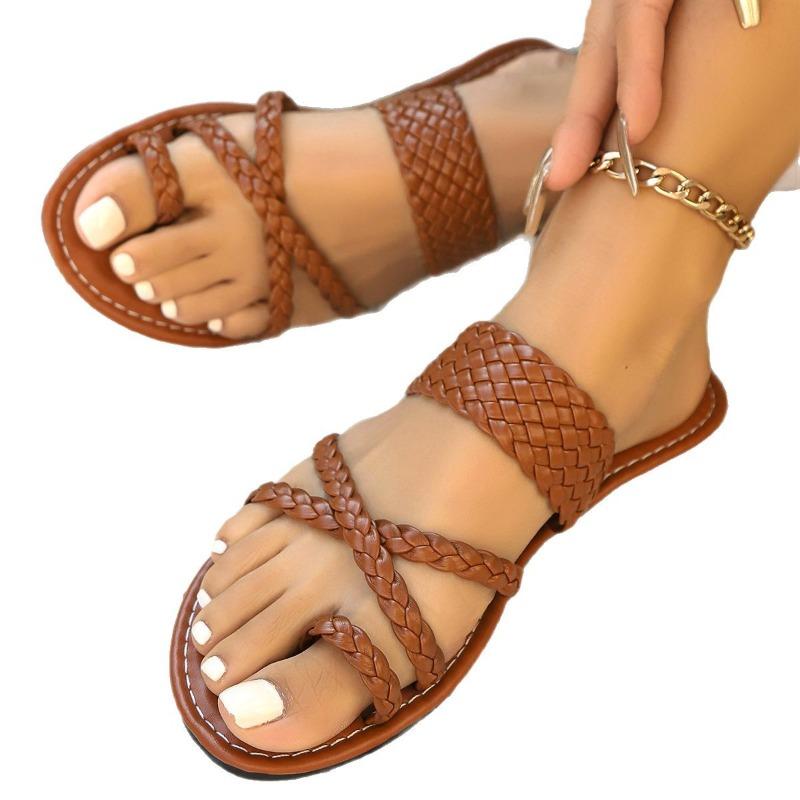 Women's Wide Width Woven Toe-Post Sandals - Minimalist Flat Mules for Summer, Lightweight Beach Slides