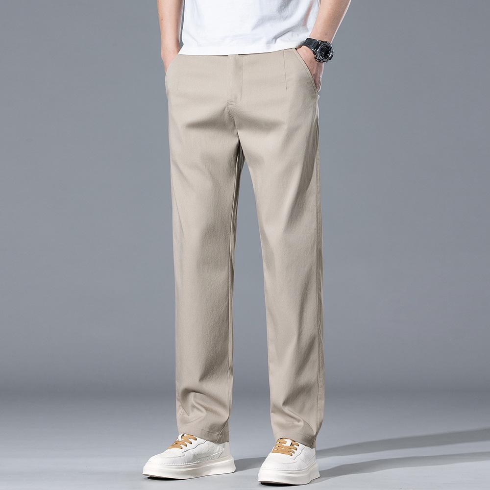 High-end light-colored ice silk casual pants men's summer thin trend slim-fitting straight summer apricot trousers tide