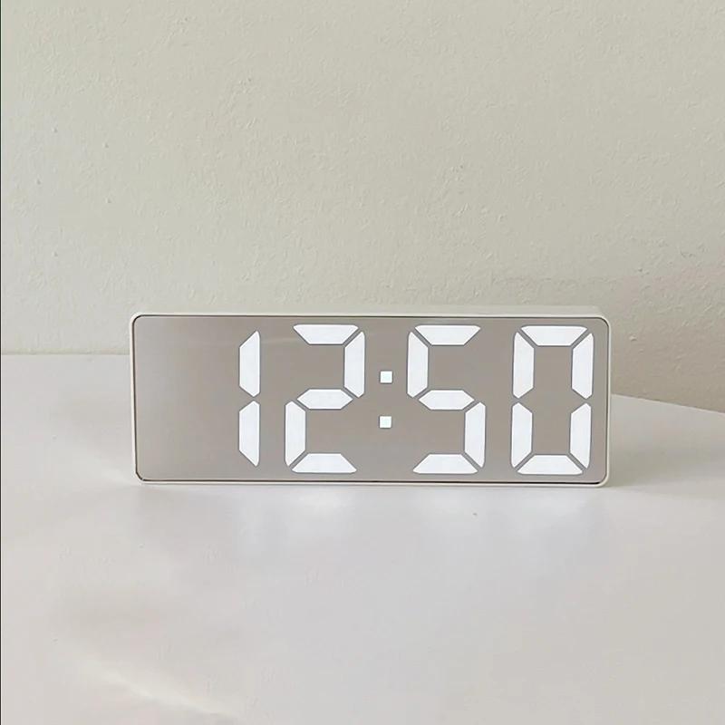 ABS Modern Mirror LED Digital Alarm Clock Temperature Display 12/24 H Bedside Desk Electronic Timepiece for Dorm Room Decor белый