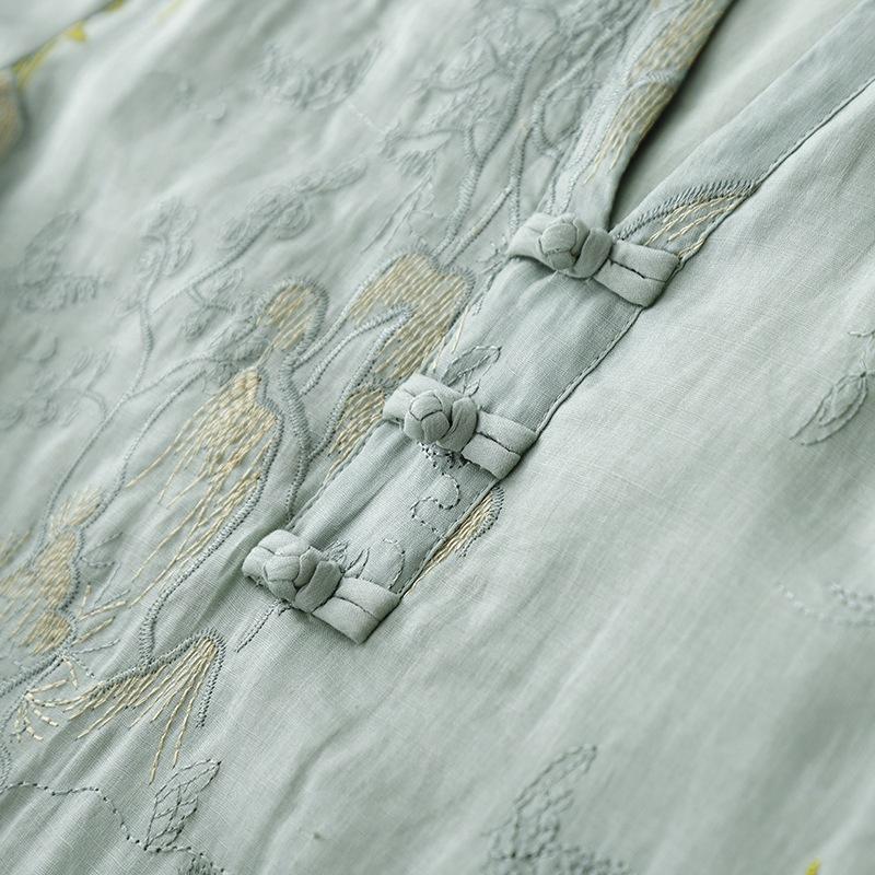 Medium embroidery cotton and linen dress women's 2025 summer new retro V-neck buckle short-sleeved skirt