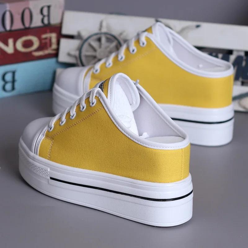 Fashion Spring Summer Women Slipper Pumps Canvas Shoes Internal-increase 8cm High Heels Solid Casual Student Outside Female Slippers