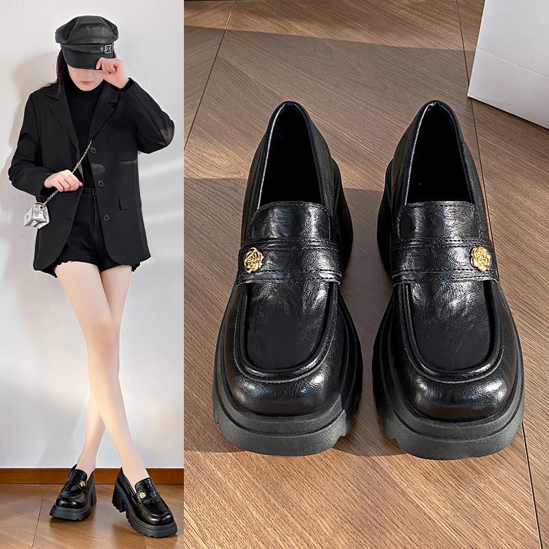Thick Soled Black Small Leather Shoes for Women 2025 New British Style  Thick Soled High Heels  Fashion Trend Casual Loafers