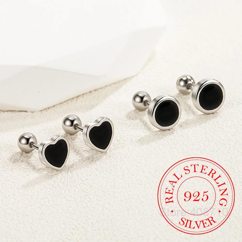 925 Silver Black heart Star Round Small Stud Earrings for Women Luxury High Quality Wedding Party Jewelry Gift