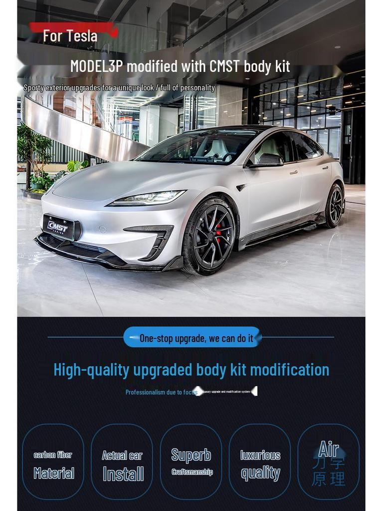 Upgrade your Tesla Model 3 P with CMST carbon fiber front lip with lights, rear lip, air intakes, and side skirts.