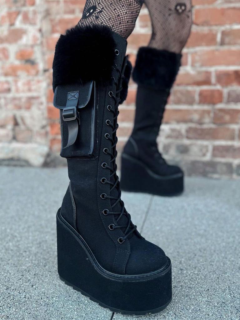 Панк Готичні Жіночі Бойові Чоботи Масивний Каблук-Клин Хутро До Середини Ікри Платформа Розкішне Зимове Взуття для Хелловіну Жіноче
