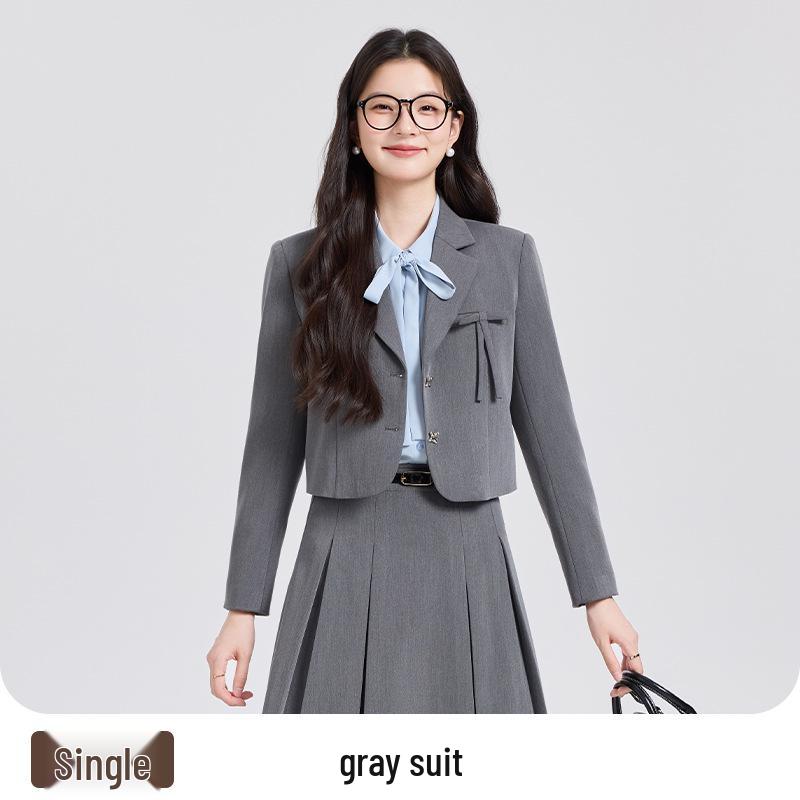 

Women s Gray Skirt Suit Set for Spring/Autumn - Ideal for College, Teacher Interviews, Petite Fit, Short Jacket L