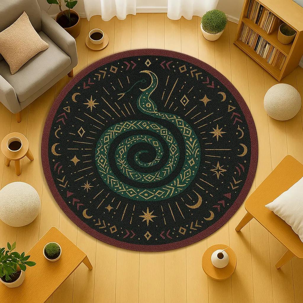 Serpent Witchcore Rug Occult Crescent Symbols, Round Pagan Carpet for Ritual Space or Dark Boho Decor, Spiritual Snake Mat