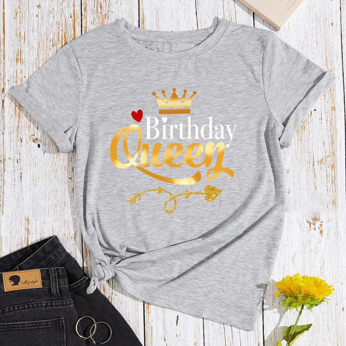 

Queen Birthday Pattern Cotton T-Shirt Short Sleeve Round Neck Women 2d Print Tops S светло-серый