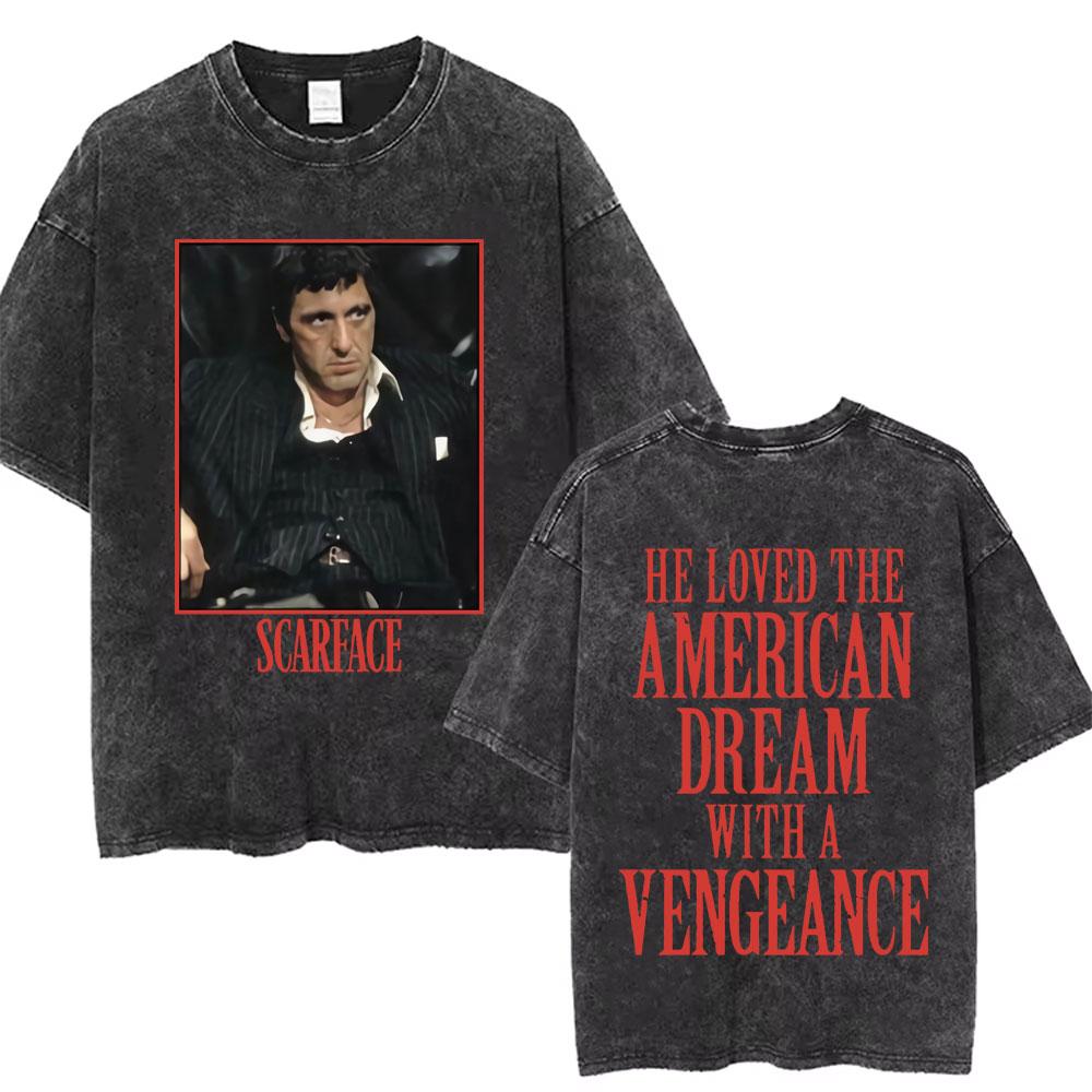 s Classic Gangsters Movie Scarface Double Sided Print Tshirts Tony Montana Al Pacino Vintage Washed Tshirt Men Rock T Shirts S