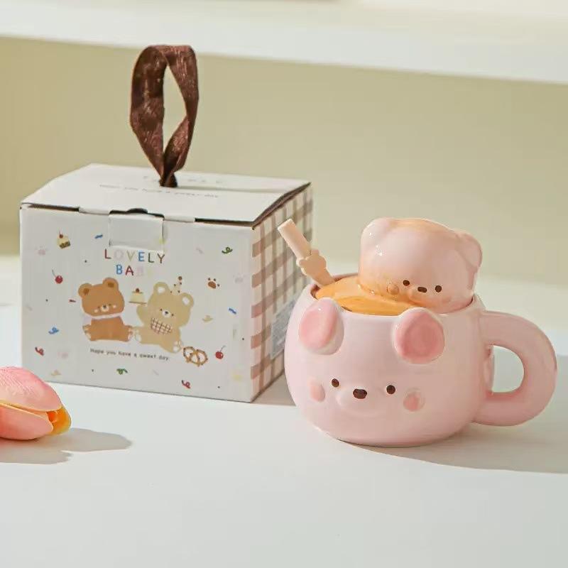 Bear Mugs with Lid High Appearance Level Ceramic Cups Creative Design Sense Milk Breakfast Cups Birthday Gifts Festival Presents