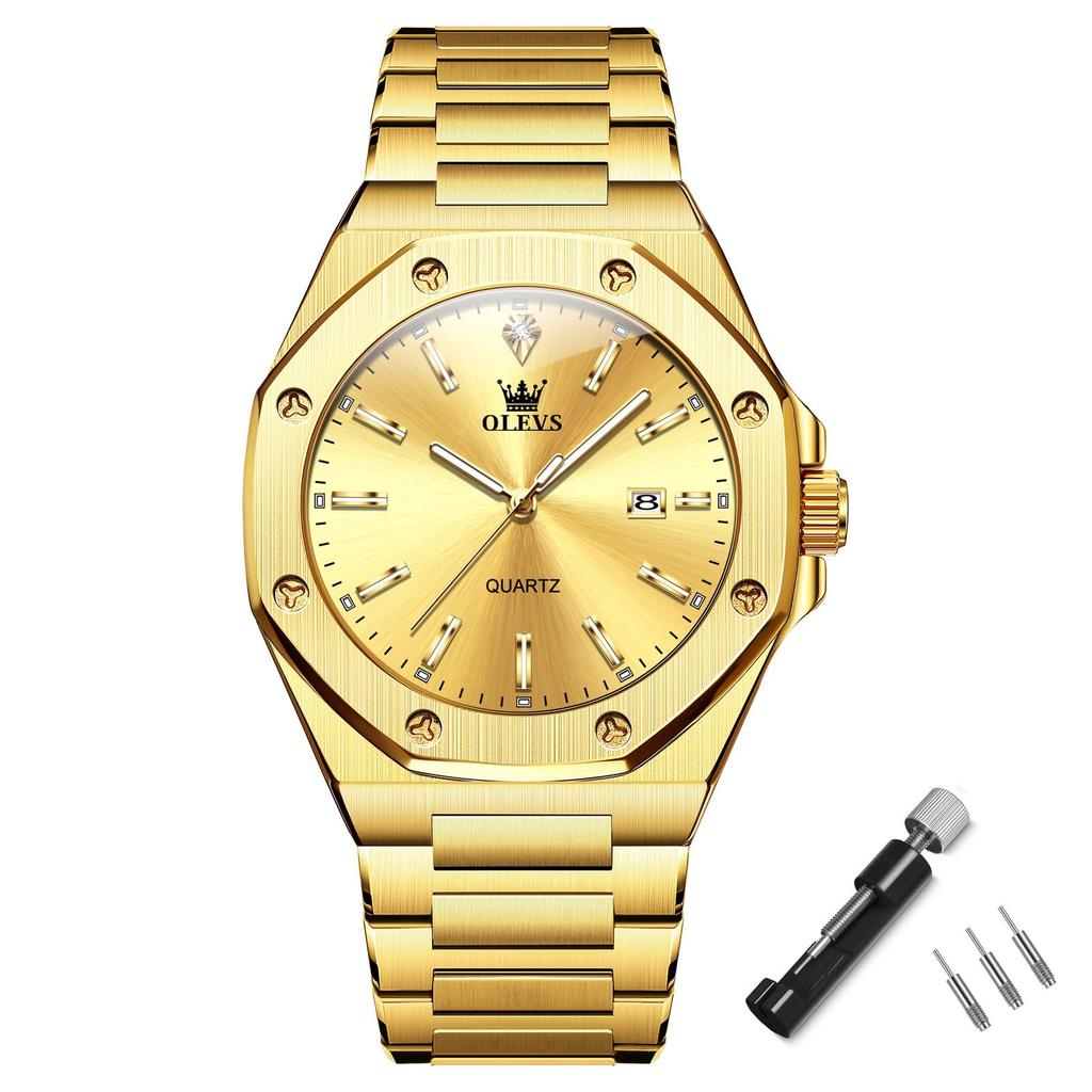 Olevs Ottagonale Popolare Impermeabile Analogico Quarzo Elegante Acciaio Inossidabile con Data Grande Oro Perfetto per e Lusso Un Ottimo Orologio da Uomo,