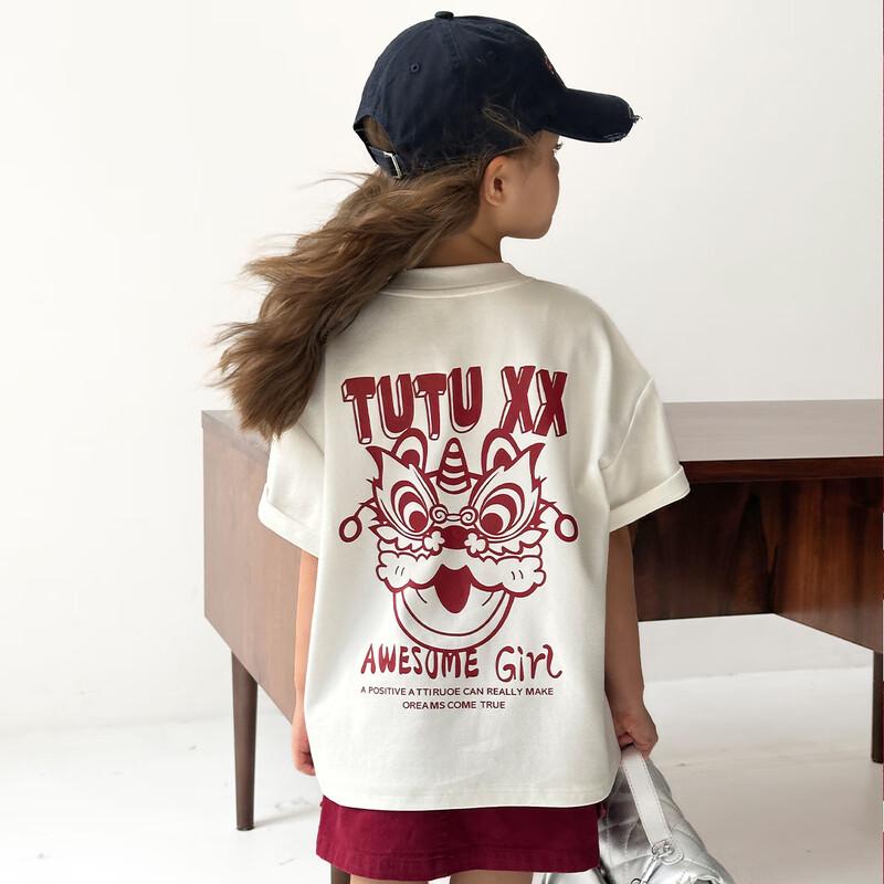 TUTUXIAOXIANG Girls' Chinese Trendy Print Short Sleeve T-Shirt