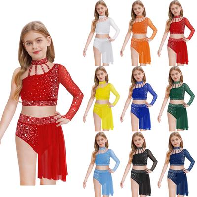 Flickor Modern Dansdräkt En Axel Genomskinlig Mesh Långärmad Strass Crop Top Oregelbunden Kjol