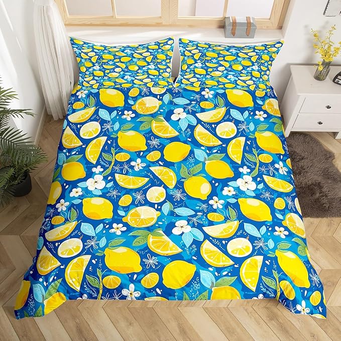 Set Biancheria da Letto Limone e Arancia per Bambini Ragazzi Ragazze Copripiumino Pompelmo Singolo Matrimoniale Estate Fresco Frutta Copripiumino Set