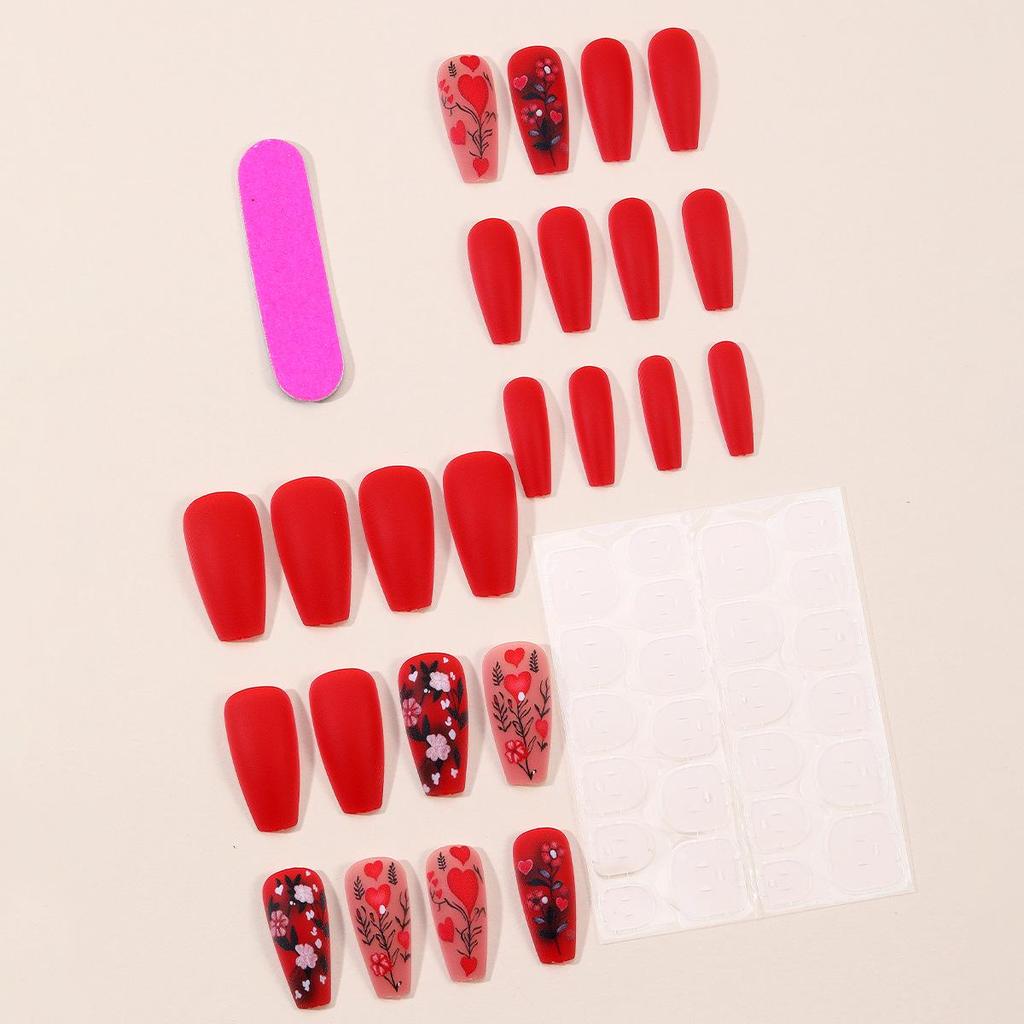 Valentine's Day Rose Lover Wine Red False Nails - Wearable Rose Flower Nail Art Tips