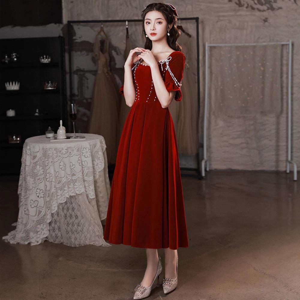 Velvet toasting dress bride 1011 new return engagement dress dress burgundy can usually wear small people