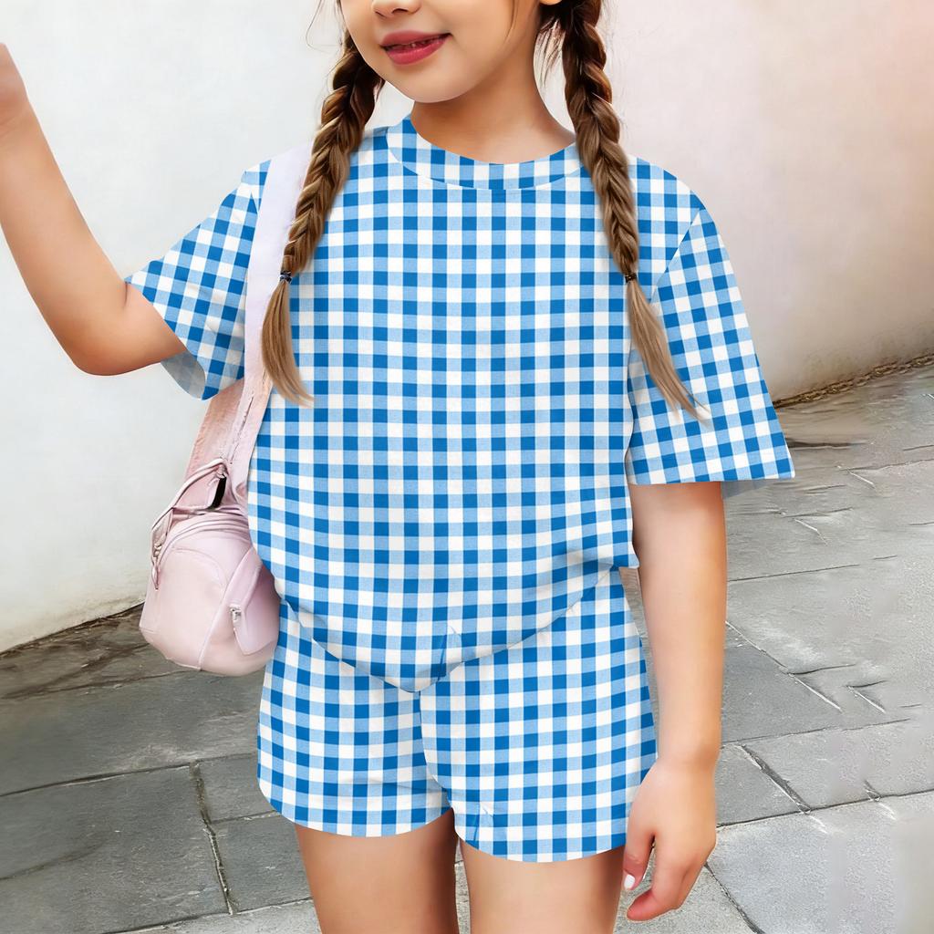 Kids Casual Short Sleeve Top and Shorts Set Plaid Pattern Lightweight Breathable Soft Fabric Comfortable Fit Summer Outfit for Boys Girls