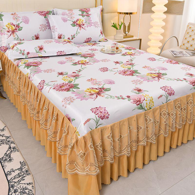 Ice Silk Lace Bed Skirt & Cool Mat Set - Breathable Rattan Design