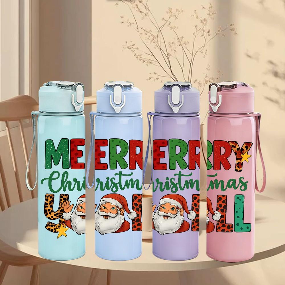 1PC Merry Christmas Santa Letter 750ml Color Plastic Sports Water Bottle Leakproof Flip Straw Lid Suitable for Sports Office Home Use