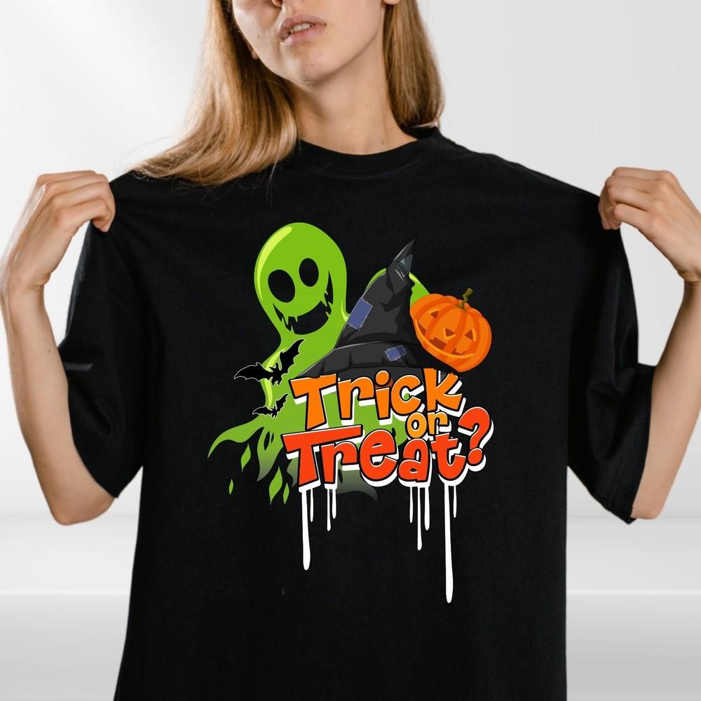 Adults Halloween Trick or Treat T-Shirt Funny Ghost Pumpkin Bat Costume Tee Top