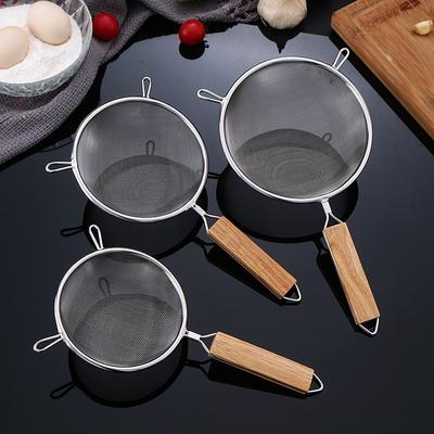 Fine Mesh Stainless Steel Colander with Hook for Pasta Wooden Handle Noodle Spoons Drainer Flour Strainer Kitchen Accessories