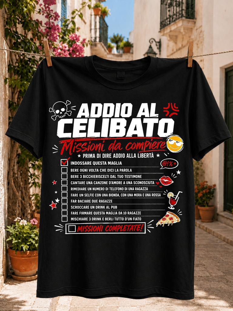 Addio Al Celibato Missioni Da Compiere Italian Bachelor Party Checklist with Lips Drink and Pizza Unisex All TShirt