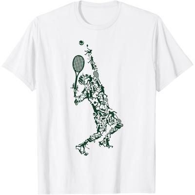 Tennis-T-Shirt – Spielerpositionen, Bälle, Schläger in der Zeichnung(1)