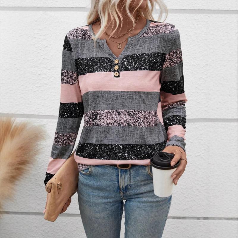 Long Sleeve Striped V-Neck Splicing Button Casual Top T-Shirt Women