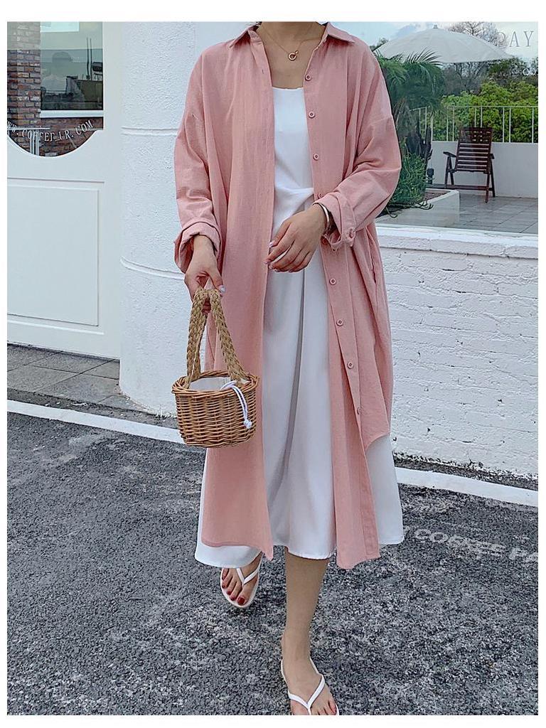 Cardigan Lungo Stile Coreano Sopra il Ginocchio con Revers Camicia Parasole 2025